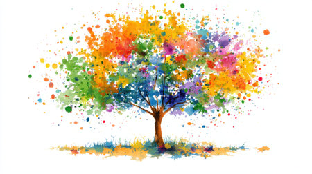 A vibrant watercolor painting of a tree with a multitude of colorful splashes surrounding it, symbolizing the beauty and serenity of nature in a creative form.の素材