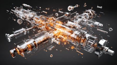 This stunning image showcases a dynamic and futuristic design of transparent mechanical components with explosive visual effects, illustrating advanced engineering.の素材