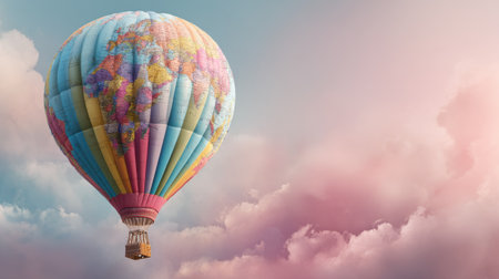 A stunning hot air balloon featuring a colorful world map design gently floats above soft pink clouds, symbolizing adventure and exploration in the sky.の素材