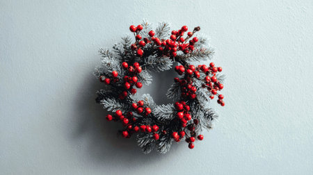 This beautiful Christmas wreath features frosted pine branches adorned with vibrant red berries, perfect for holiday decoration and creating a festive atmosphere.の素材