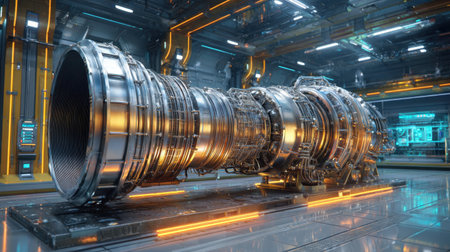 A cutting-edge engine turbine displayed in a modern, high-tech industrial setting, showcasing the intricate design and components of aerospace technology.の素材