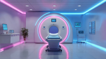 This modern healthcare facility showcases a state-of-the-art MRI machine surrounded by vibrant neon lighting, emphasizing innovation in medical imaging technology.の素材