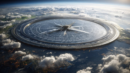This stunning image captures a futuristic compass design floating over Earth, featuring intricate navigational details, surrounded by wispy clouds in space.の素材