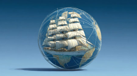 This artistic image showcases a vintage sailing ship intricately encased in a global network, symbolizing travel and connectivity in a vibrant oceanic environment.の素材