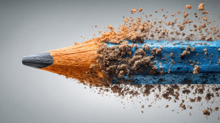 This striking close-up image features a blue pencil at the moment of shattering, revealing intricate wood shavings and dust. Ideal for themes of creativity and imagination.の素材