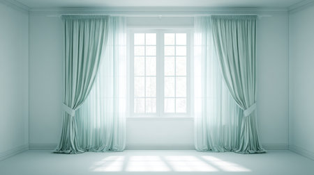 Bright and airy minimalist room featuring elegant soft green curtains draping a window, enhancing the tranquil atmosphere filled with natural light.の素材