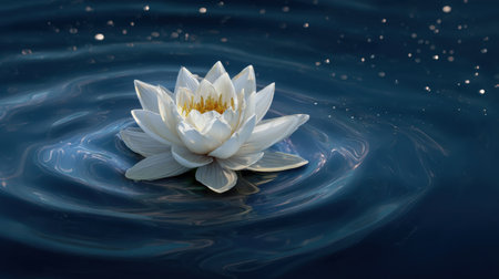 A beautiful white water lily floats gracefully on a calm blue water surface, creating gentle ripples. Sparkling bokeh enhances the tranquil ambiance.の素材