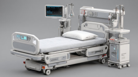 A state-of-the-art hospital bed equipped with an advanced monitoring system, designed for patient comfort and safety within a modern clinical environment.の素材