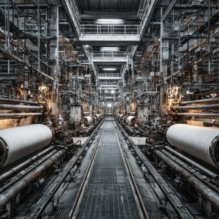 Explore an expansive industrial factory interior filled with intricate machinery and production lines, highlighting the essence of modern manufacturing.の素材