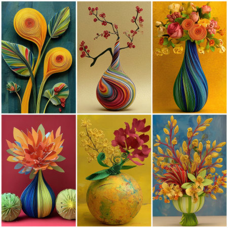 This vibrant collection showcases stunning quilled flowers and vases, celebrating the beauty of paper art. Ideal for home decor, the colorful designs capture nature's essence and artistic creativity.の素材