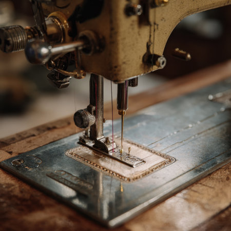 This close-up image captures the intricate details of a vintage sewing machine, highlighting its needle, thread tension adjustment, and craftsmanship in warm lighting.の素材