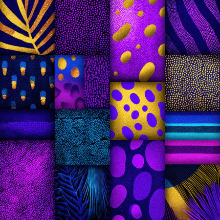 Explore a captivating collection of vibrant textures and patterns featuring purple, blue, yellow, and gold tones. Perfect for creative projects and design needs.の素材