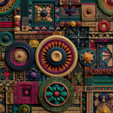 This stunning abstract image features an array of colorful geometric shapes and intricate patterns, showcasing a rich tapestry of textures and details.の素材