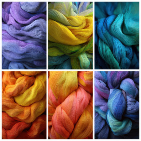 A stunning collection of vibrant yarn textures showcasing a spectrum of colors ranging from cool blues to warm oranges. Perfect for artistic inspiration.の素材