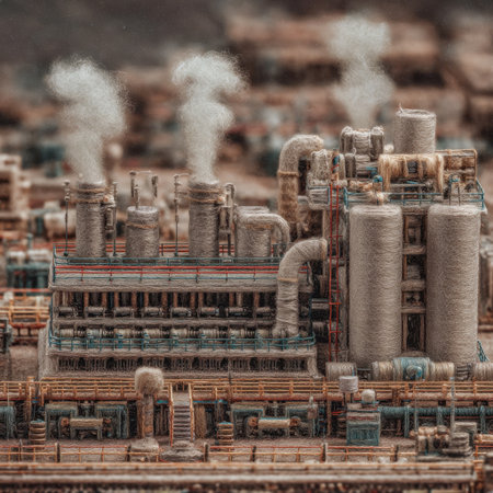 A detailed view of an industrial factory showcasing tall smoke stacks with steam rising, surrounded by machinery in an urban setting at dusk.の素材