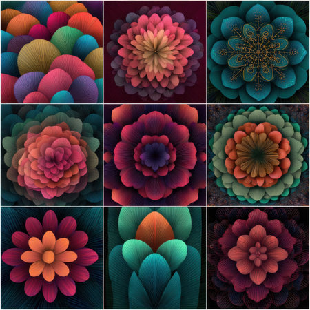 This collection of vibrant abstract floral patterns features dynamic symmetry and rich colors, perfect for art design and decorative backgrounds.の素材