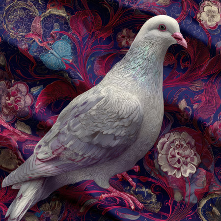 This stunning image features an elegant white dove positioned against a rich floral background filled with intricate patterns and vibrant colors, symbolizing peace and beauty.の素材