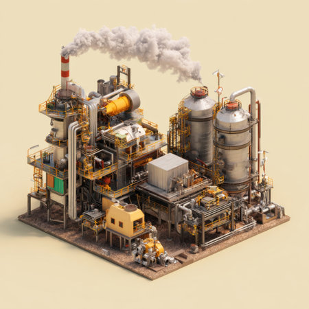 A highly detailed view of an industrial plant featuring complex machinery, pipes, smoke emissions, and an organized layout, showcasing modern engineering design.の素材