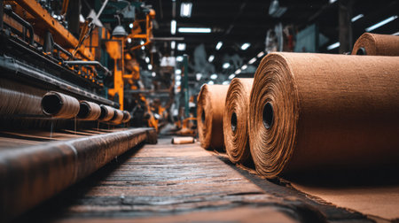 This image captures an industrial textile manufacturing scene with large rolls of fabric on the production line. The factory is busy with machinery in action, showcasing the textile production process in a modern workspace.の素材