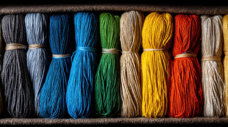 This image showcases a vibrant arrangement of colorful yarn skeins neatly organized in rows. Perfect for textile enthusiasts, crafters, and hobbyists.の素材