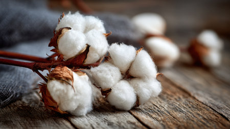 A beautiful close-up of cotton flower bolls resting on a rustic wooden table, accompanied by soft textile elements, showcasing nature's simplicity and elegance.の素材