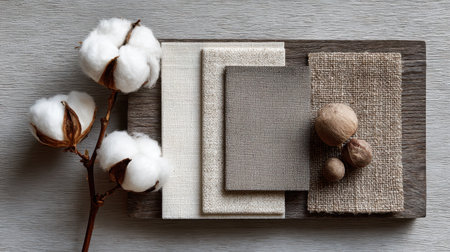 A beautifully arranged selection of textured fabric samples in neutral tones on a wooden plate, complemented by a cotton branch, ideal for design inspiration.の素材