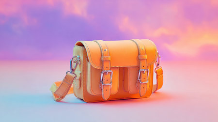 This stylish yellow leather handbag with an adjustable strap is perfect for adding a pop of color to any outfit. Set against a vibrant sunset background, it embodies modern fashion trends and elegance.の素材