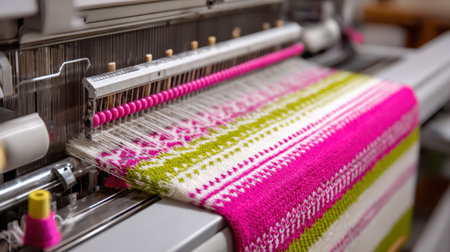 A close-up view of a weaving machine at work, highlighting vibrant threads in pink and green, creating intricate patterns on the textile.の素材