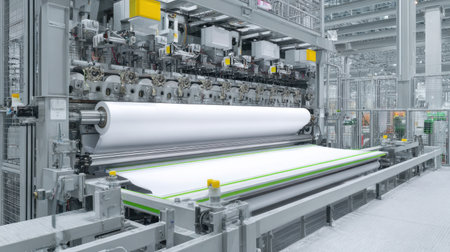 This image showcases a modern paper production machine in action within an industrial setting, illustrating advanced manufacturing techniques and technology.の素材