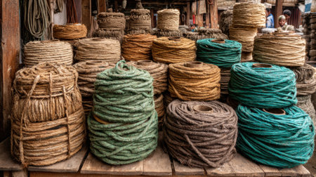 A vibrant display of colorful twine and rope coils in a traditional market setting, showcasing natural materials and artisanal craftsmanship. Ideal for various design projects.の素材