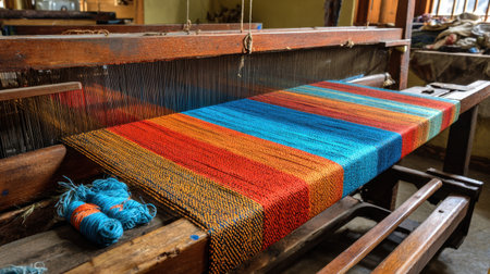 A vibrant textile is being woven on a traditional loom in a workshop, showcasing vivid colors and intricate patterns. This image captures the artistry and cultural heritage of traditional weaving practices.の素材