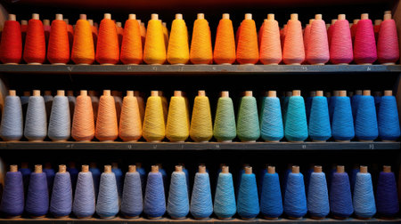 A vibrant array of yarn spools arranged in gradient hues showcases a variety of colors perfect for any crafting project. The neatly organized display offers inspiration for knitting, crocheting, and textile art.の素材