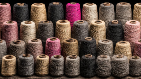 A vibrant display of spools of thread in an array of colors and textures. Perfect for sewing enthusiasts and crafters seeking inspiration for projects.の素材