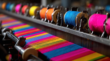 Colorful spools of thread line a textile machine, showcasing vibrant hues that illustrate the intricate fabric production process and artistic creativity.の素材