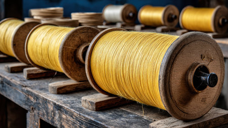 A collection of vibrant yellow thread spools arranged on a rustic wooden surface, showcasing the textures and colors of textile craftsmanship in an artistic workshop.の素材