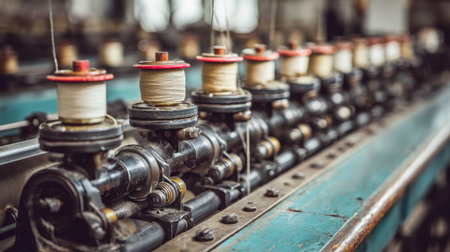 Close-up view of vintage textile machinery showcasing spools of thread, highlighting intricate details of industrial craftsmanship in an old factory setting.の素材