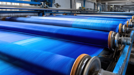 This image captures the intricate process of textile production, displaying vibrant blue fabric rolling through modern industrial machines in a factory.の素材