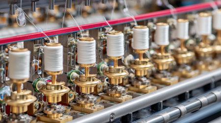 This detailed image showcases precision machinery used in the textile industry, highlighting spools and metal components in a vibrant workshop setting.の素材