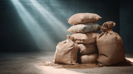 A serene image featuring a stack of burlap bags filled with grain, casting soft shadows on a dusty floor, illuminated by gentle beams of light.の素材