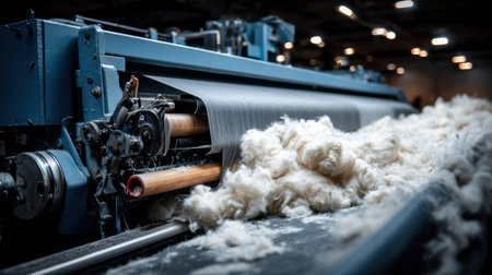 A detailed view of an industrial wool processing machine, showcasing soft fibers flowing on the production line, highlighting textile manufacturing processes.の素材