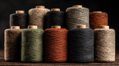 A striking collection of colorful thread spools arranged on a rustic wooden surface, perfect for showcasing crafting, sewing, and artistic creativity.の素材