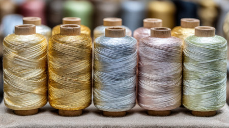 A vibrant display of colorful sewing threads on a soft surface, showcasing shades of gold, silver, pink, and green for crafting projects. Perfect for artistic inspiration.の素材