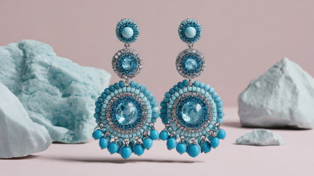 This stunning pair of turquoise statement earrings features intricate crystal accents and vibrant colors, beautifully showcased against a soft pink background.の素材