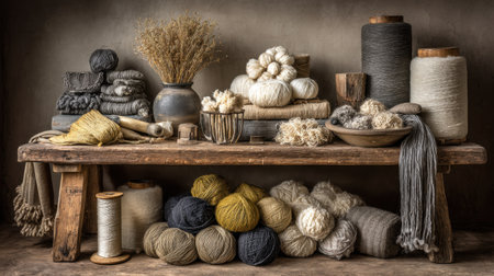 A welcoming arrangement of natural yarns and textiles featuring earthy tones, perfect for inspiring creativity in crafting and home decor projects.の素材