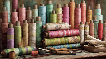 A stunning display of colorful sewing thread spools set in a vintage workshop, perfect for showcasing creativity and artistry in textile craftsmanship.の素材
