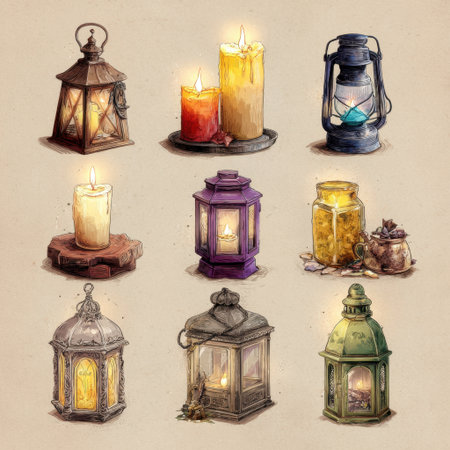This artistic composition features a collection of lanterns and candles, showcasing soft glows and unique designs, perfect for enhancing interior ambiance and warmth.の素材