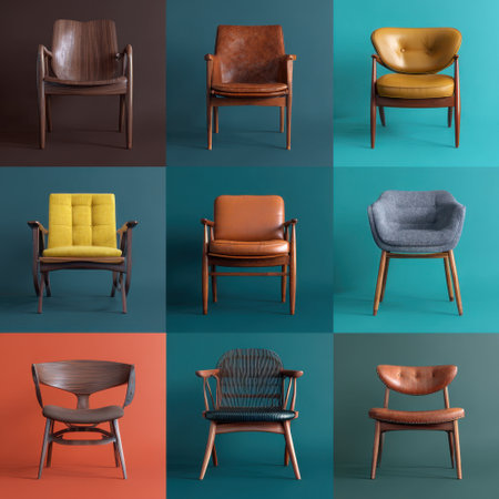 A stunning array of mid-century inspired chairs in various colors and designs, perfect for modern interiors. Showcase your unique style with this collection.の素材
