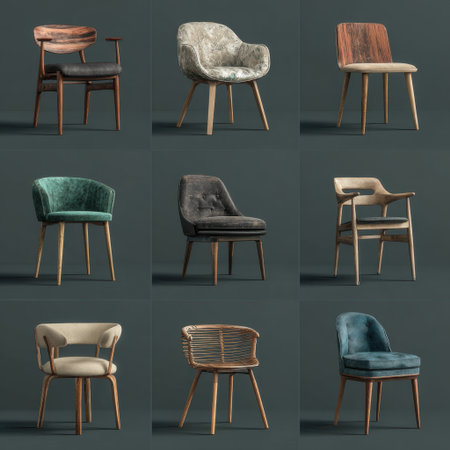 Discover a captivating array of nine stylish chairs, perfect for enhancing modern interiors. Each chair showcases unique designs, upholstery, and wood finishes, offering comfort and aesthetic appeal for various settings.の素材