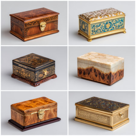 A stunning assortment of vintage storage boxes showcasing diverse designs, materials, and finishes. Ideal for adding elegance to any home decor.の素材