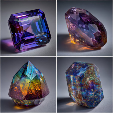This stunning arrangement features vibrant gemstones exhibiting an array of colors and reflections, showcasing their unique beauty and intricate cuts on a gray background.の素材